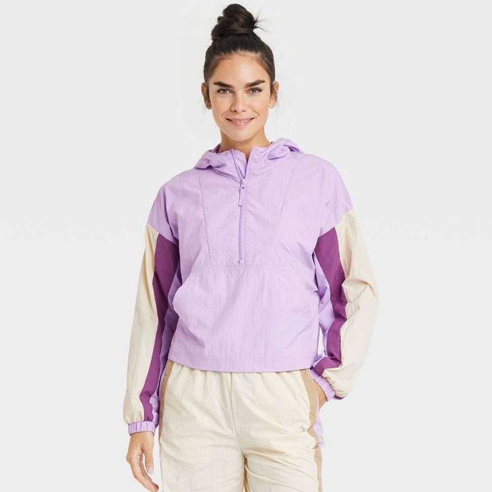 New JoyLab Cropped Purple Striped‎ Sleeve Nylon Windbreaker Jacket Size XXL